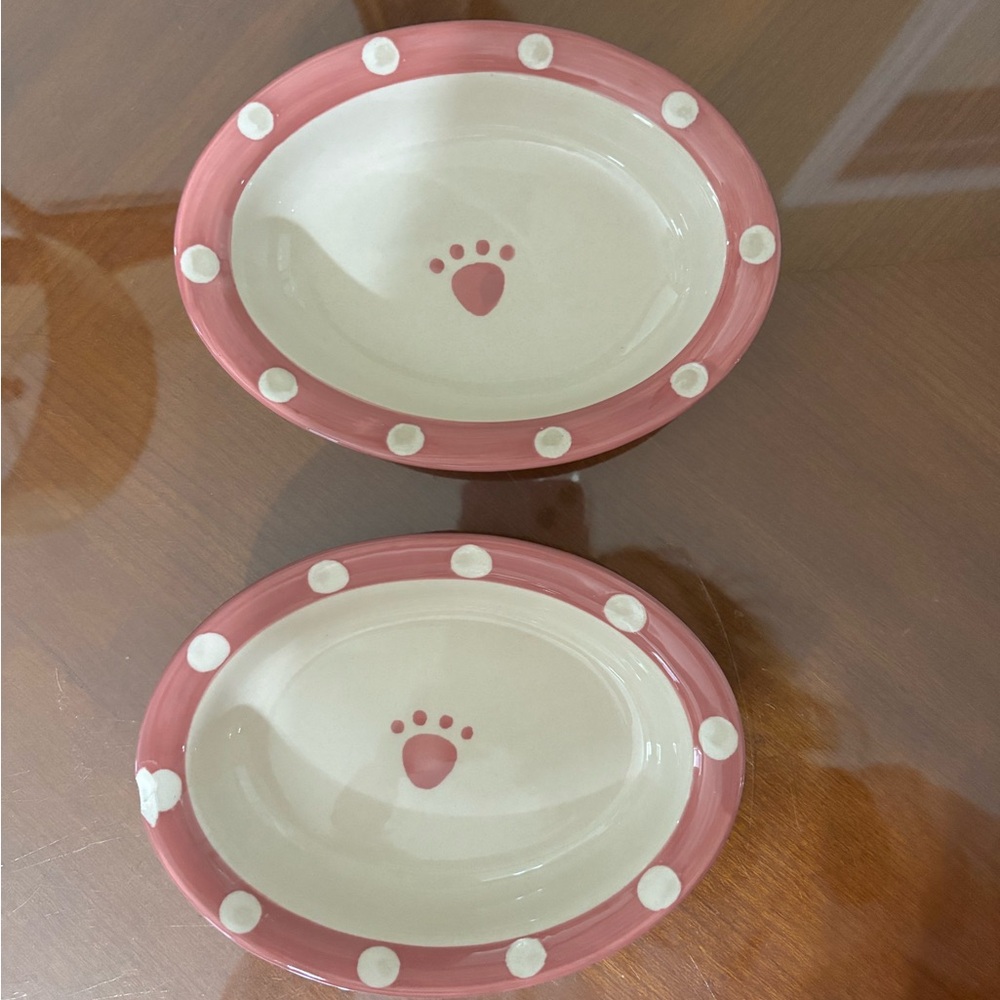 Pet Ceramic Feeding Bowls - Pink Polka Dot Paw Design (Set of 2)